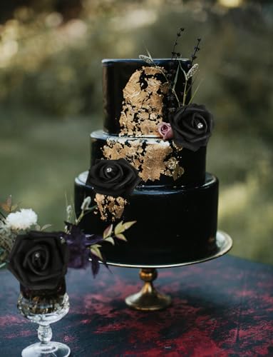 IPOPU 100pcs Black Rose Artificial Flower Heads Bulk with Crystal 3in Real Looking Foam Fake Roses Faux Flowers for DIY Craft Wedding Bouquets Arrangements Party Table Home Decorations(Black) - color: Black With Crystal