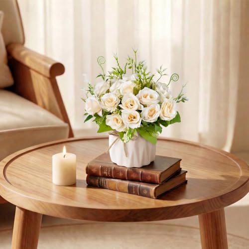 Fake Flowers with Vase,White Roses Artificial Flowers in Vase | Faux Flower Plant Arrangement,No Maintenance Faux Flower Arrangement, 6.3 Inch Realistic Table Decor for Home Office Wedding - color: White