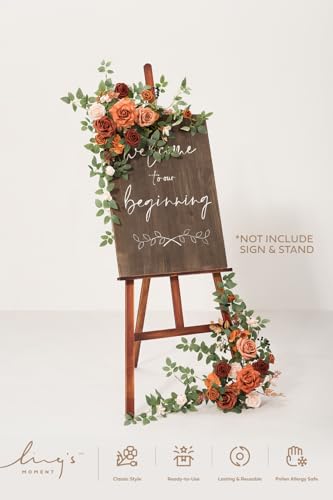 Ling's Moment 2pcs Wedding Flowers Garland Artificial Floral Swag Arch Decorations Rose Greenery Arrangements Sunset Terracotta Ceremony Reception Garden Easel Wall Entryway Outdoor (NOT Include Sign) - color: Sunset Terracotta