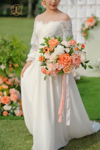TINGE TIME 11 Inch Wedding Bouquets for Bride, CoralPink&Champagne Artificial Flowers Bouquet, Brides & Bridesmaids Bouquet for Wedding Anniversary Ceremony Bridal Shower Decorations - color: Coral Pink & Champagne