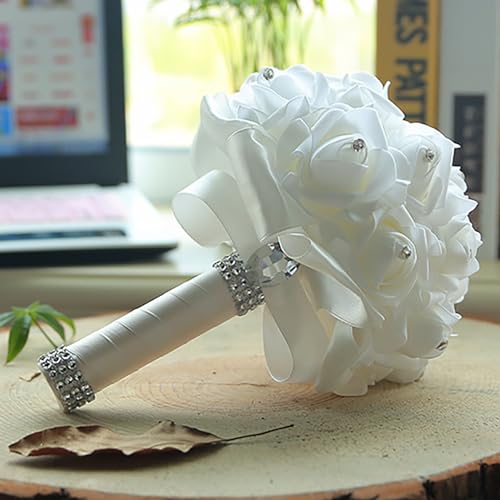 Wedding Bouquets for Bride, Bridal Flowers for Wedding, Bride Bridesmaid Hand Flowers Bridal Bouquet Crystal Diamond Silk Roses, Artificial Flowers Bouquet for Church Wedding Party (White) - color: White