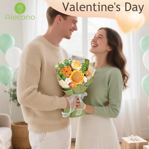 Alecono Crochet Flower Bouquet, Knitted Sunflower Flowers, Green Handmade Bouquet of Flowers for Lover Anniversary Birthday Party Mother's Day Graduation Gifts (Include Card) - color: Green