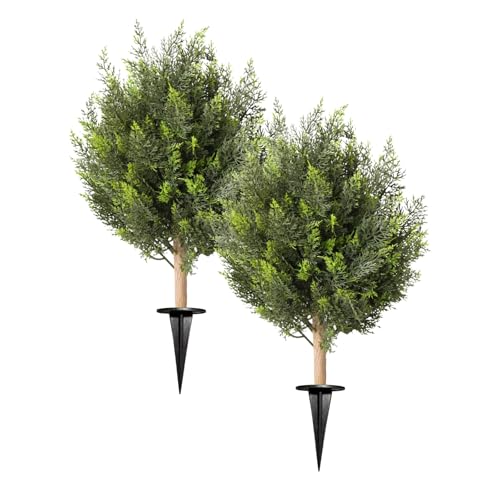 Artificial Cedar Topiary Ball Trees, Set of 2 Fake Shrub Bushes with Ground Spike, UV Resistant Artificial Cypress Trees, Evergreen Shrubs Bushes Faux Plants for Front Porch Garden Backyard - color: Cedar, size: with Ground Spike