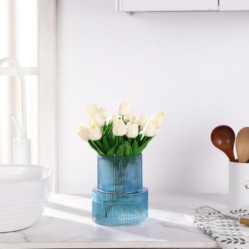 Blue Glass Vase, Ribbed Glass Vase for Tulips, Flower Vases for Bouquet, Blue Modern Vases for Living Room, Dining Table, Entryway, Mantle, Shelf, Wedding, Office, 7.5 Inches - color: Blue, size: Ribbed 7.5 Inches
