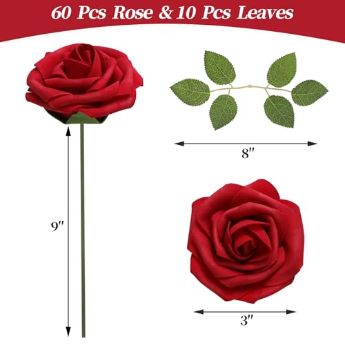 DerBlue 60pcs Artificial Roses Flowers with stem and 10pcs Green Leaves Real Looking Fake Roses Artificial Foam Roses Decoration DIY for Wedding,Arrangements Party Home Decorations - color: Dark Red