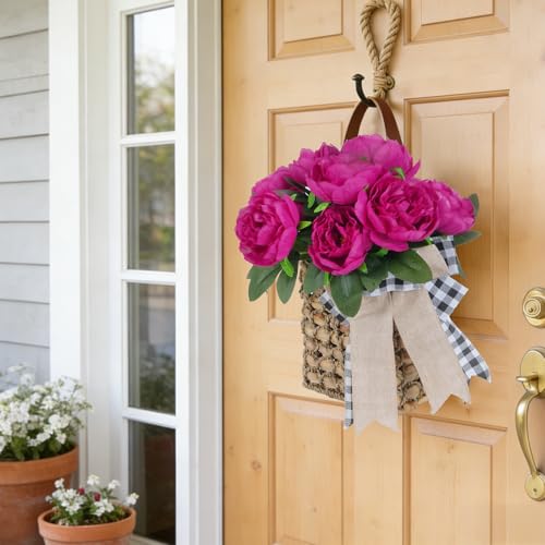 17in Hanging Basket for Front Door with 10 Pcs Artificial Peonies Wreath | UV Resistant Woven Wall Baskets for Spring Summer Garden Farmhouse Home Boho Wall Decor - color: Rose Pink