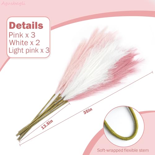 Agusbagli 8 Pcs Pink Faux Pampas Grass Decor 35“ Fluffy Tall Artificial Colored Pampas Grass Large Fake Pompous Grass Stems Blush Flower Arrangement Floor Vase Filler for Home Wedding Boho Decor - color: Pink & White & Light Pink