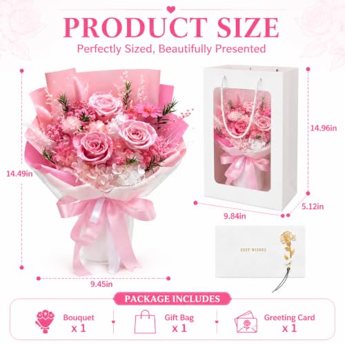 Preserved Pink Rose Bouquet, 100% Real Flowers for Women Mother Wife, Long-Lasting Eternal Roses with Gift Box, Forever Flowers for Anniversary Birthday Mother's Day, Lasts 3-5 Years - color: Soft Pink