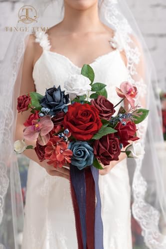 TINGE TIME 9 inch Bridal Bouquets for Bride, Artificial Silk Flowers Tossing Bouquet, Bride Bouquets for Wedding,Ceremony, Anniversary (Red&NavyBlue) - color: Red & Navy Blue