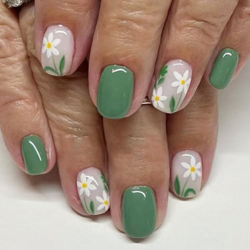 Flower Press on Nails Short Square Fake Nails Red Nude False Nails with Embossed Designs 3D Flowers Glossy Full Cover Stick on Nails Glue on Nails Spring Acrylic Nails for Women Girls 30 Pcs - color: Flower Square10