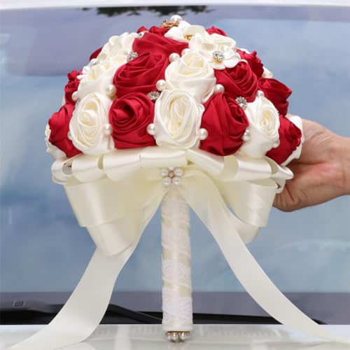 Bridal Wedding Bouquet with Rhinestone Brooch Pearl Bouquet for Bride Bridesmaid Quinceanera Rose Flower Bridal Bouquet Wedding Burgundy and Ivory 7.5in - color: Burgundy & Ivory, size: Medium (DIA. 7.5"/19cm)