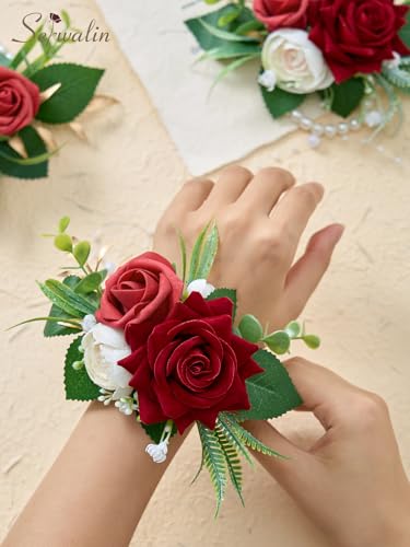 Serwalin 6 PCS Burgundy Wrist Corsage for Wedding, Roses Wrist Corsage for Prom Homecoming Party Corsage Hand Decor for Bride Bridesmaids, Mother of Bride and Groom - color: Red, size: Corsage 6pcs