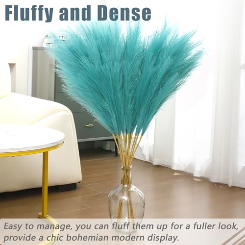 38" 10 Stems Faux Pampas Grass Decor - Tall Pampas Grass for Floor Vase Fluffy Artificial Pampas Grass for Boho Home Wedding Mothers Day Decoration（Lake Blue） - color: Lake Blue