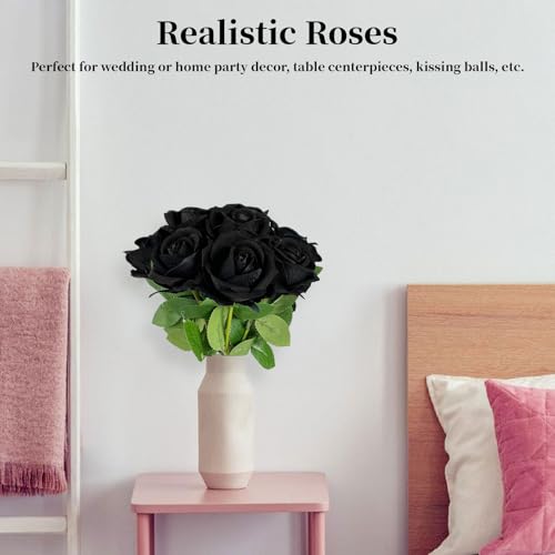 10 PCS Artificial Roses with Long Stems Silk Flowers Realistic Foam Flowers Fake Roses for Valentine's Day Home Wedding Halloween Decor(Black) - color: Black