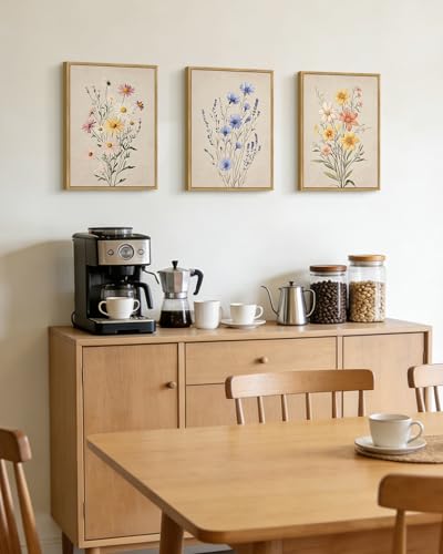 PHOPAGO Vintage Wildflower Bouquet Framed Wall Art Botanical Flower Wall Decor Modern Colorful Floral Living Room Bedroom Hanging Decor - 11x14in Natural Framed - color: Multicolour Floral, size: 14L" x 11W" x 3 Pcs Natural