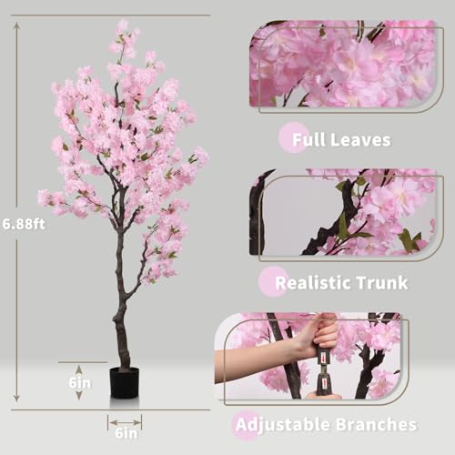 Artificial Pink Cherry Blossom Tree 7ft(84in) Tall Fake Silk Leaves Indoor Decor Handmade Lifelike Sakura Tree for Wedding Realistic Cherry Plant in Pot for Home Living Room,Office,Outdoor Decor - color: Cherry Blossom(pink 8), size: 7ft