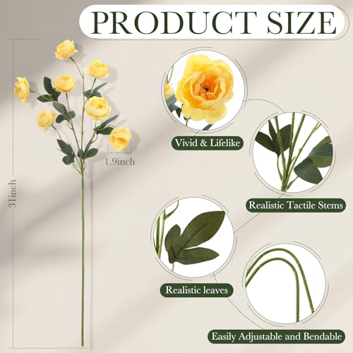 6 Pcs 32" Large Yellow Artificial Peonies Stems Flowers, Real Look Faux Silk Peony Bouquet 42 Heads Total for Vase Filler, Farmhouse Rustic Neutral Home Decor, Wedding Centerpieces - color: Yellow