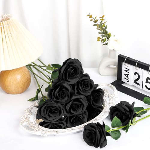 Ouddy Decor 20 Pcs Fake Black Roses Artificial Silk Flowers with Long Stems for Mother's Day Wedding Home Party Table Centerpieces Bridal Bouquet DIY Floral Arrangment, Black - color: Black, size: 20 Packs