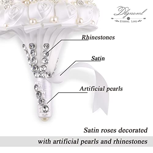 Handmade Wedding Flowers Bridal Bouquets Crystal Bride Holding Bouquet White Ivory Satin Roses with Diamond Pearl Ribbon.(allwhite) - color: Allwhite