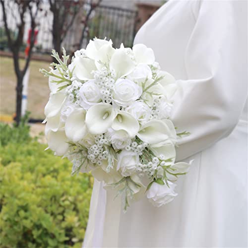 Wedding Bouquets for Bride Artificial White Calla Lily Water Drop Waterfall Bouquets Bridal Cascading Bouquet Flowers for Wedding Bridal Shower Ceremony Anniversary (White Bouquets) - color: White Bouquets