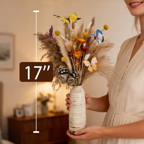 Fall Dried Flower Bouquet with Pampas Grass & Butterflies Arrangement | Boho Fall Decor for Autumn Home,Vase,Moody Office,Table Centerpiece Indoor Décor - color: Fall