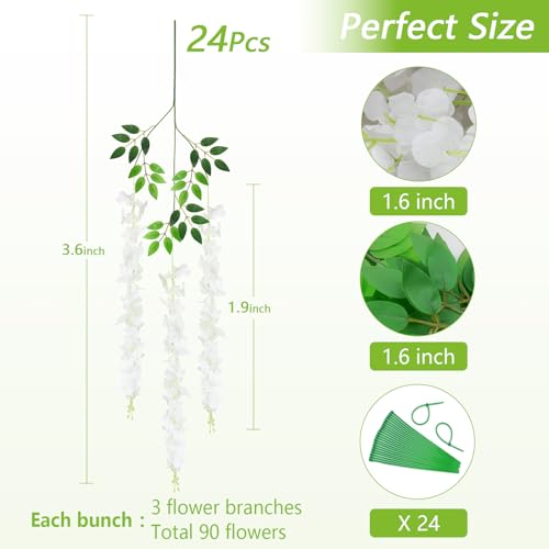 24Pcs Artificial Wisteria Hanging Flowers, 3.6Ft/Pcs White Fake Wisteria Garland for Wedding Party Home Garden Indoor Outdoor Decoration - color: White, size: 24Pcs