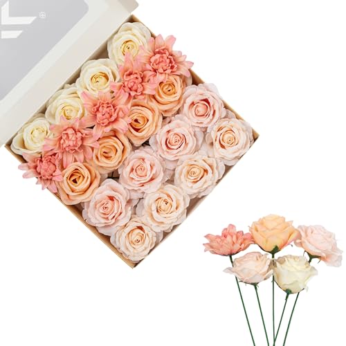 FANKO Artificial Flowers for DIY, Cream Peach Blush Pink Faux Flowers Bouquet, Fake Rose Silk Flowers for Vase, Home Decor, Garland, Wedding, Birthday, Party, Romantic Celebration - color: Pink Yellow Gream