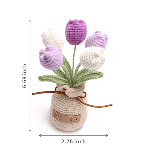 Crochet Woven Tulips with Wool,Simulation Plant Crochet Hand-Woven Flowers for Home Room Table Office Ornaments and Birthday Gifts for Family Friends Anniversary (5 Flowers-Purple) - color: Purple B, size: B