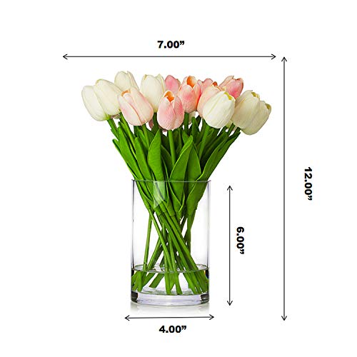 20 Pieces Artificial Real Touch Tulips Flower Arrangement in Glass Vase with Faux Water for Home Decoration (White Pink) - color: White Pink