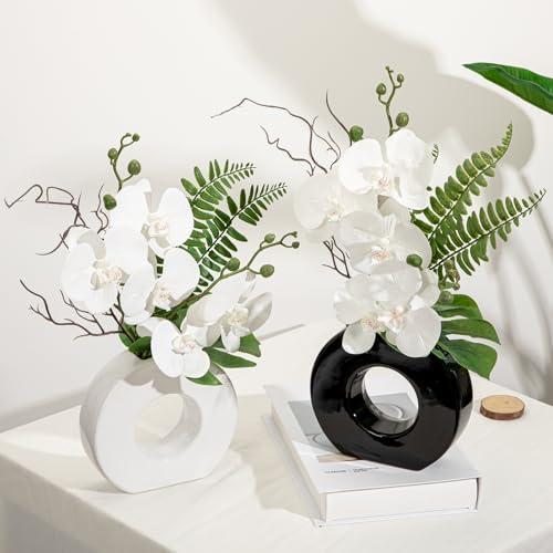 Briful Orchid Fake Flowers 16.1'' White Artificial Orchid Silk Flowers in Black Pot Faux Orchid Arrangement for Home Office Desk Modern Decoration - color: White#1