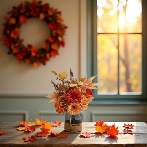 LADADA Vintage Burnt Orange Artificial Flowers with Glass Vase for Fall Home Decor - color: Yellow