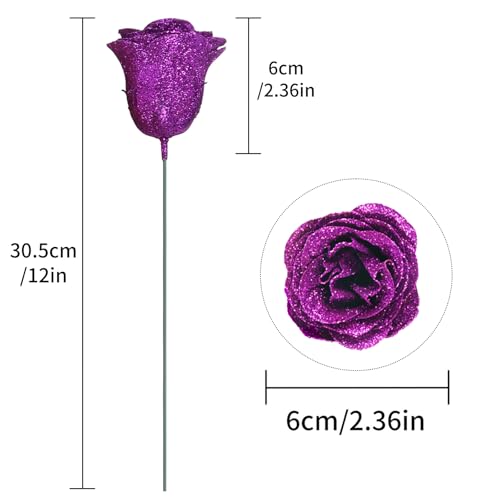 Glitter Roses Bouquet,30PCS Fake Purple Roses Glitter Flowers for Crafts Wedding Bouquet Party Christmas Home Decor(Dark Purple) - color: Dark Purple