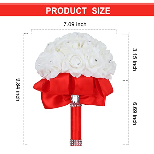 Wedding Bouquet, Red Bridesmaid Bouquet Bridal Bouquet with Crystals Soft Ribbons, Artificial Rose Flowers for Wedding, Party and Church (Red) - color: Red