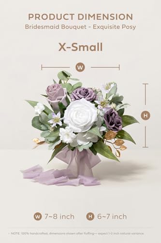 Ling's moment Artificial Bridesmaid Bouquets Set of 6 Purple Wedding Flower Bouquets White Rose Floral Bouquet Lilac Bridal Bouquets with Ribbon Ceremony,Anniversary,7-inch Diameter - color: Pr-lilac & Cream