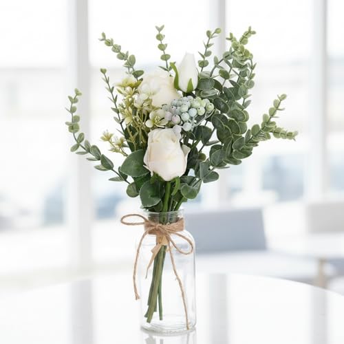 Artificial White Rose Flowers with Glass Vase, Faux Eucalyptus Stems and Berry Bouquet, Silk Floral Arrangement for Home Table Decor, Farmhouse Wedding Centerpieces, Office Shelf Decorations