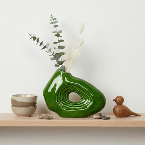 Sunddo Green Ceramic Vase, 7 Inch Small Decorative Vase for Flowers, Donut Modern Flower Vase for Home Decor, Shelf, Office Desk, Aesthetic, Bathroom, Table Centerpiece Decor - color: Green, size: 7 inch