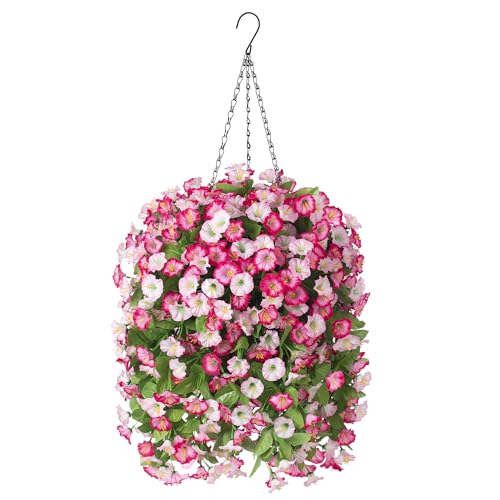 INXUGAO Artificial Flowers with Hanging Basket, Outdoor Faux Plants Silk Morning Glory Vines, Fake Green Arrangement for Garden Patio Spring Summer Decor (4pcs, Pink) - color: Pink