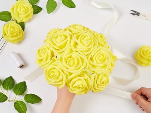 16 Pcs Fake Yellow Roses Artificial Flowers | Yellow Foam Roses with Stems, Artificial Flowers for DIY Wedding Bouquets, Centerpieces, Party, Home Decor - color: Yellow