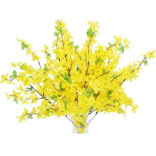 10Pcs Artificial Silk Forsythia Flower Branches Yellow Silk Fake Winter Jasmine Orchids Flowers for DIY Floral Arrangement Wedding Party Home Office Indoor Outdoor Decorate
