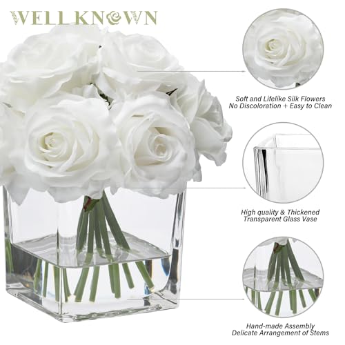 WELL KNOWN Rose Artificial Flowers in Vase with Faux Water, Ivory White Silk Rose Table Centerpieces for Home Coffee Table Decor, Fake Roses Flower Arrangements for Office Hotel Lavatory Decor - color: Ivory