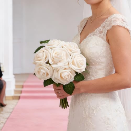 16 Pcs Fake Champagne Roses Artificial Flowers | Champagne Foam Roses with Stems, Artificial Flowers for DIY Wedding Bouquets, Centerpieces, Party, Home Decor - color: Champagne Flower