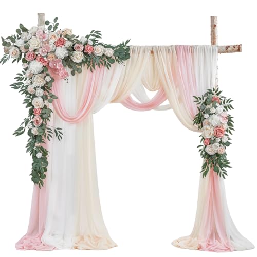 TINGE TIME Wedding Arch Flowers Kit - Deluxe 5pcs Artificial Floral Swag with 3 Sheer Drapes, Realistic Silk Flower Arrangements for Wedding Ceremony Arbor Backdrop Reception Party Home Decor - color: Dusty Rose & Champange