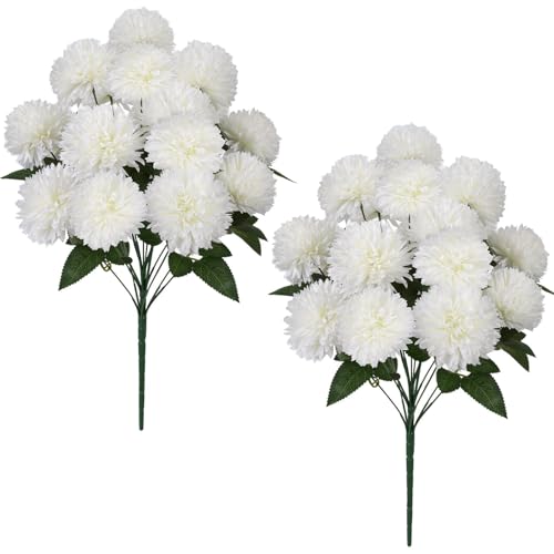 Zythrem Artificial Flowers for Cemetery 19" White Flowers Artificial Chrysanthemum Flowers Silk Floral Arrangements for Mother's Day Home Decor Memorial Day Wedding Table Centerpiece 2 Bouquets - color: White1