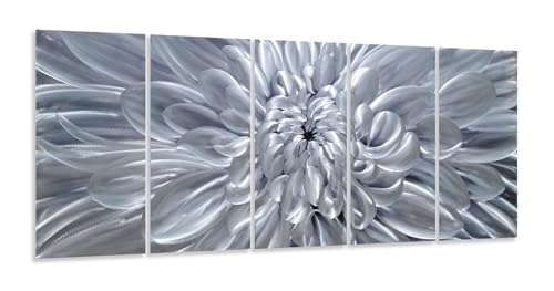 YHSKY ARTS Silver Floral Metal Wall Art - Hand Crafted 5 Piece Aluminum Sculpture Set for Living Room and Bedroom Decor - color: Silver Flower Art, size: 64x24IN