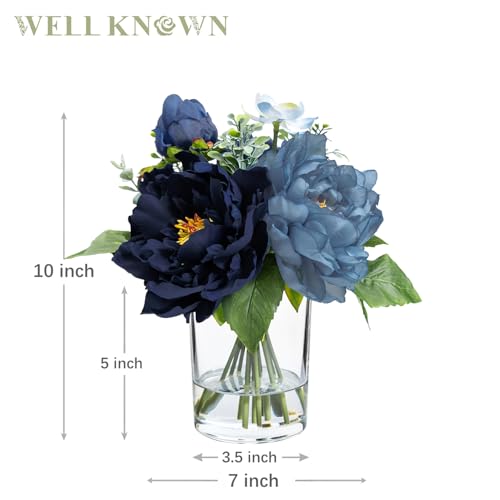 WELL KNOWN Artificial Flowers in Glass Vase with Fake Water, Silk Peony Flower Bouquet for Home Dinning Tea Table, Office Desktop, Hotel, Wedding, Party, Lavatory Decor & Gift (Navy Blue & Light Blue) - color: Navy Blue & Light Blue