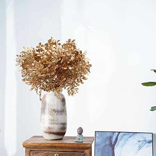 PASYOU Fake Plants Christmas Decorations, Golden Artificial Flowers Leaves Faux Foliage Home Garden Plastic Grass Shrubs Indoor Outdoor Party Hotel Verandah Wedding Event Bouquet Decor - Gold 2 Pack - color: Gold Foliage - 2 Pack