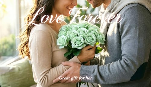10 Pcs Real Touch Artificial Roses Fake Rose Long Stem Silk Faux Flowers Bridal Bouquet for Wedding Home Decor Romantic Valentine Gifts (Green) - color: Green