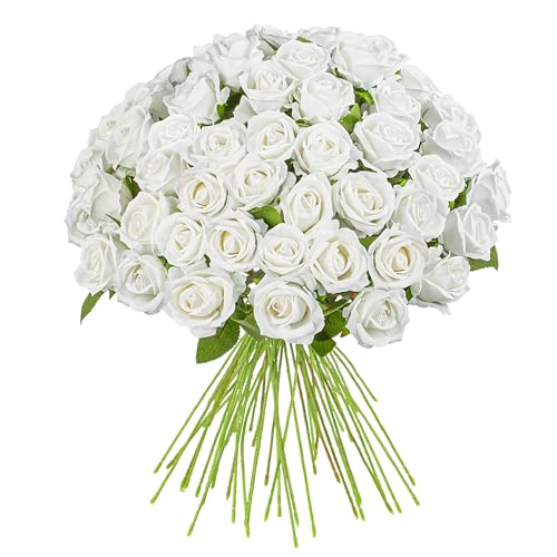 Artificial Flowers Roses Touch Fake Rose Bouquet Flower Stem for Wedding Centerpieces DIY Wreath Home Decorations Silk Roses Mothers Party Fake Outdoor Flowers Decor 19.6"(50PCS White) - color: White 50pcs