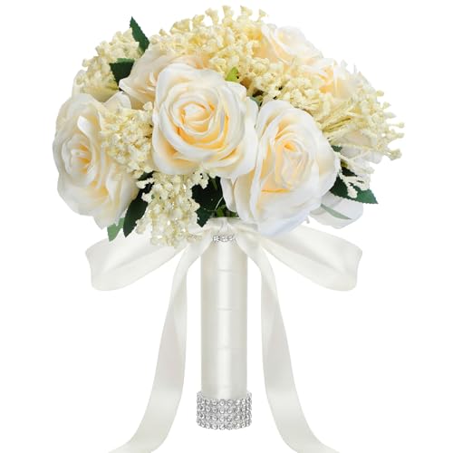 Janinka 10 Inch Large Wedding Bouquets for Bride Bridesmaid Artificial Rose Flowers Paired with Silk Ribbon and Rhinestones Bridesmaid Bouquet for Proposal Party Church Decoration(Champagne,Rose) - color: Champagne, style: Rose