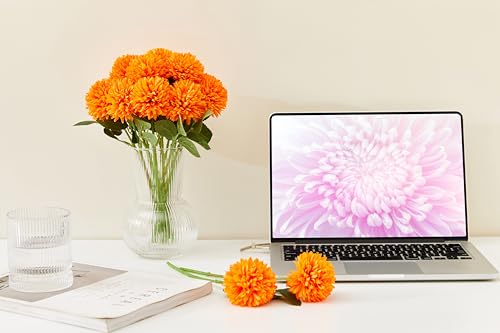 SITUMEIZI 12 Pcs Orange Artificial Chrysanthemums Flowers Ball Flower Fake Mums Silk for Fall Decor Halloween Thanksgiving Day Wedding Home Kitchen Decoration Floral Arrangement - color: Orange, size: 12 Pieces